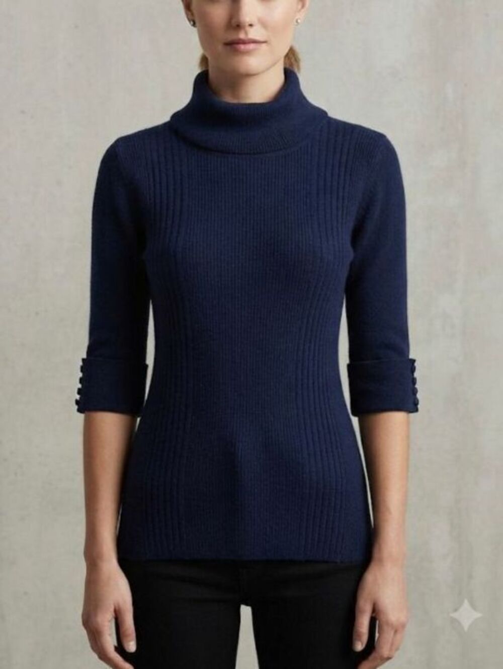 Women's Navy Ribbed Turtleneck Sweater Shirt